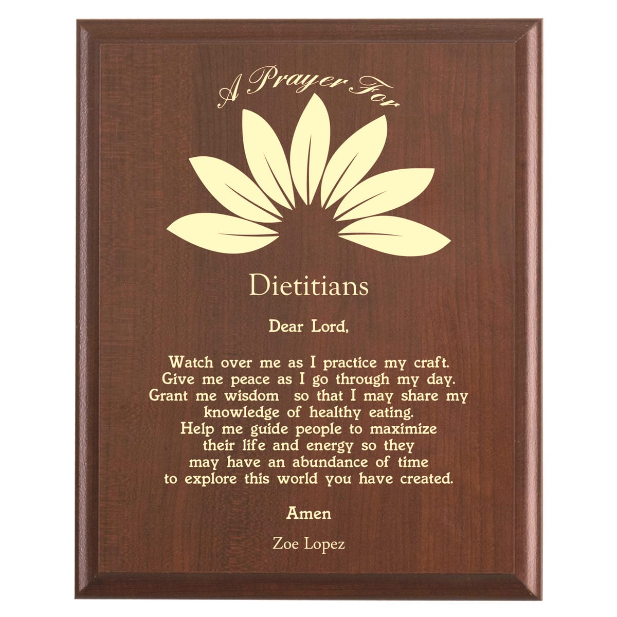 Plaque photo: Dietitian Prayer Plaque design with free personalization. Wood style finish with customized text.