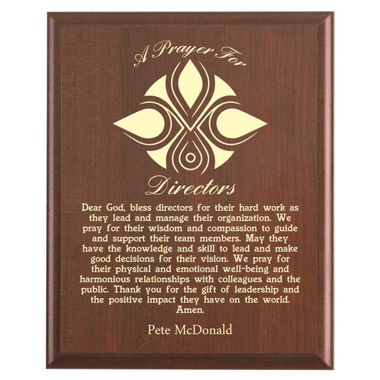 Plaque photo: Director Prayer Plaque design with free personalization. Wood style finish with customized text.