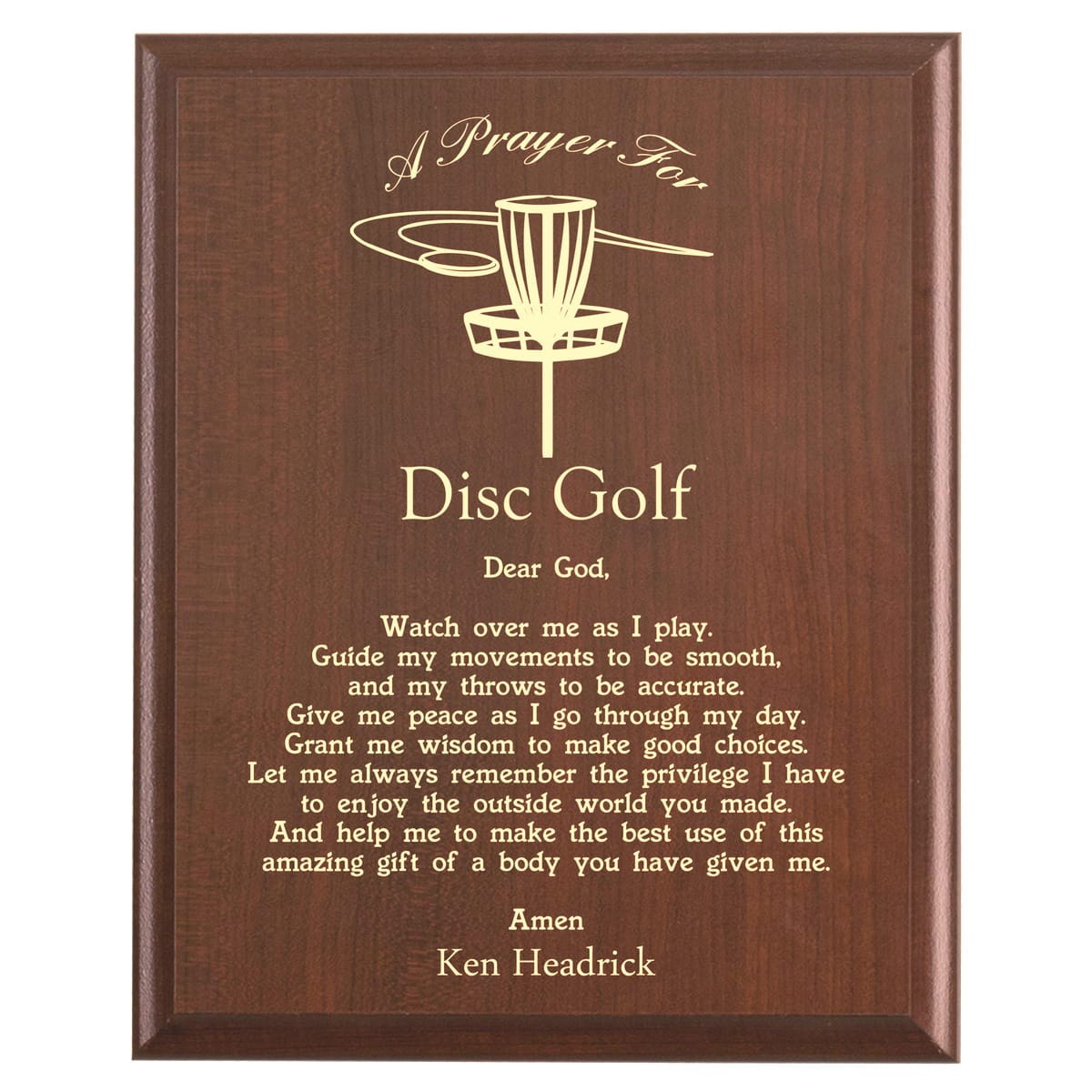 Plaque photo: Disc Golfer Prayer Plaque design with free personalization. Wood style finish with customized text.