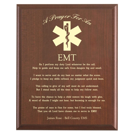 Plaque photo: EMT Prayer Plaque design with free personalization. Wood style finish with customized text.