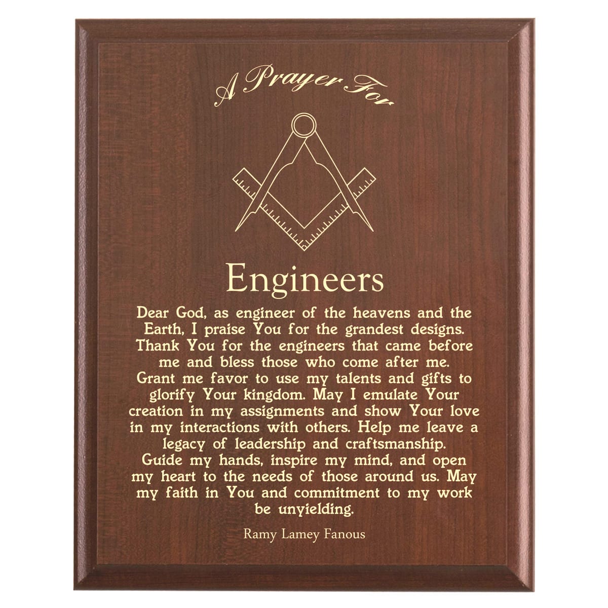 Plaque photo: Engineer Prayer Plaque design with free personalization. Wood style finish with customized text.