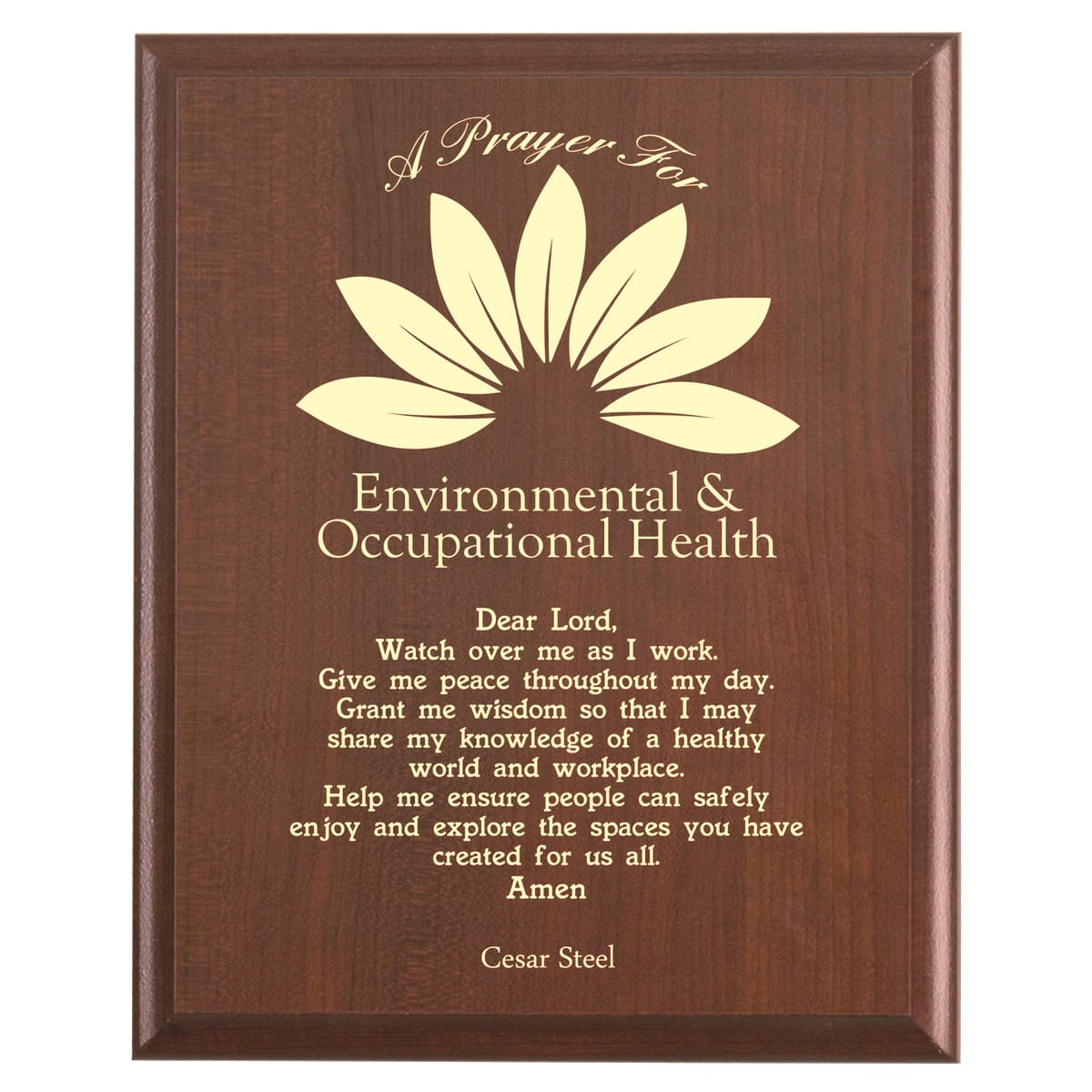 Plaque photo: Environmental and Occupational Health EOH Prayer Plaque design with free personalization. Wood style finish with customized text.