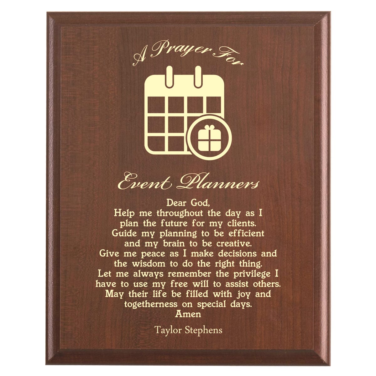 Plaque photo: Event Planners Prayer Plaque design with free personalization. Wood style finish with customized text.