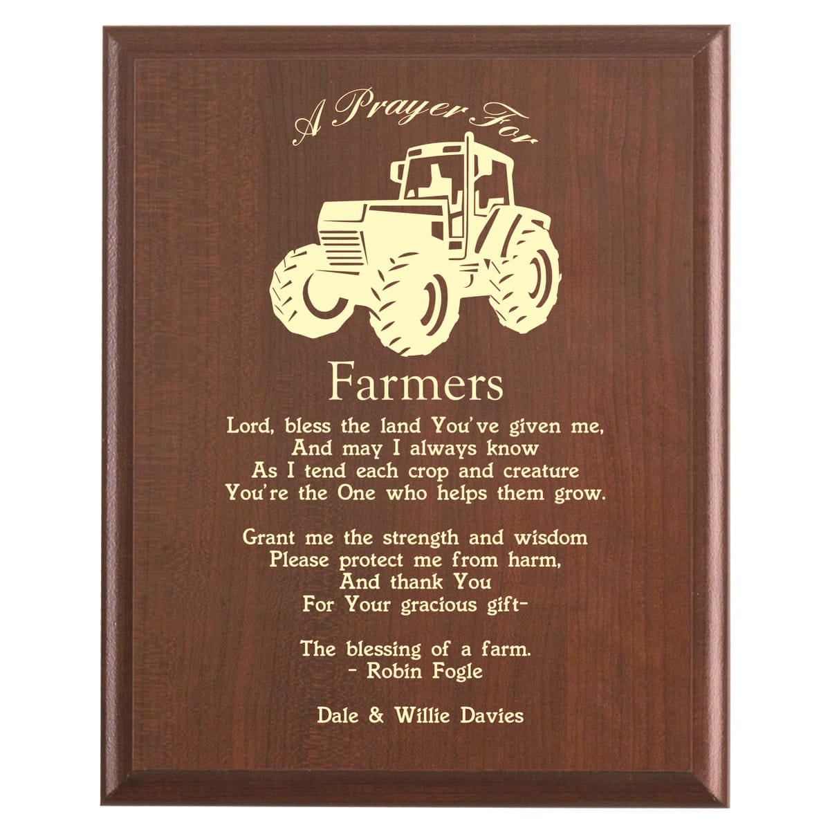 Plaque photo: Farmer's Prayer Plaque design with free personalization. Wood style finish with customized text.