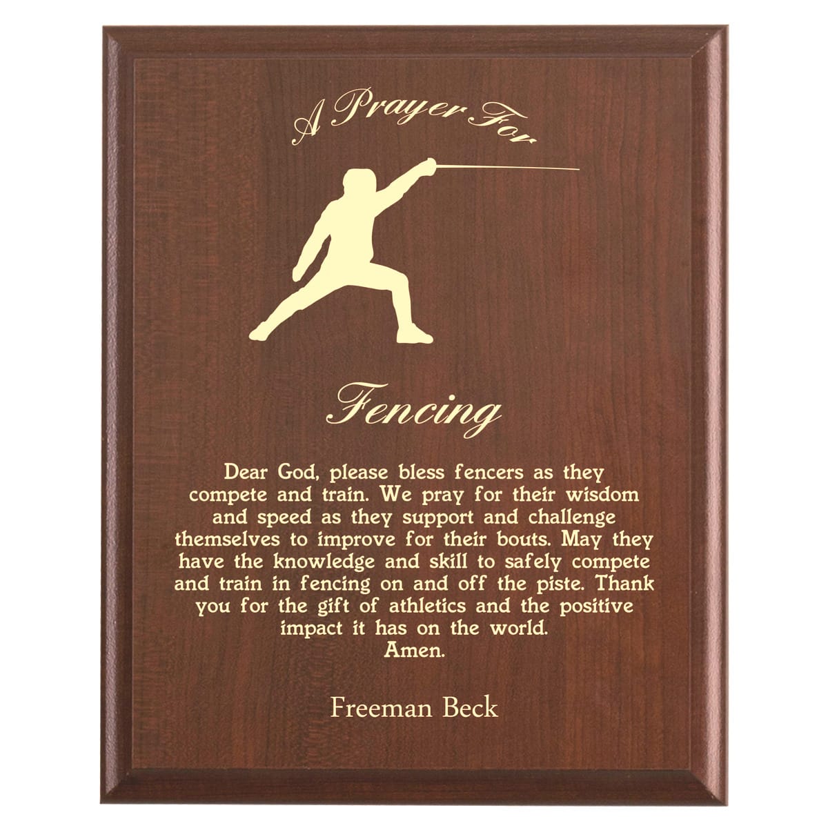 Plaque photo: Fencing Prayer Plaque design with free personalization. Wood style finish with customized text.