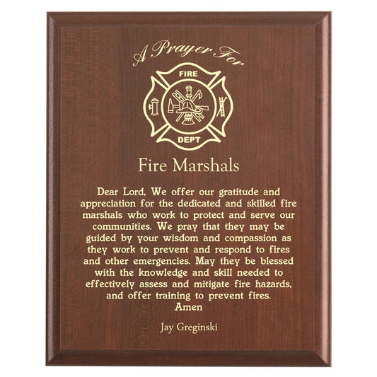 Plaque photo: Fire Marshal Prayer Plaque design with free personalization. Wood style finish with customized text.
