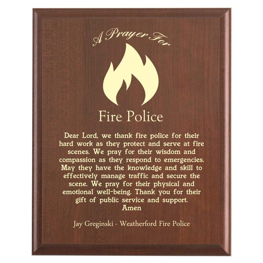 Plaque photo: Fire Police Prayer Plaque design with free personalization. Wood style finish with customized text.