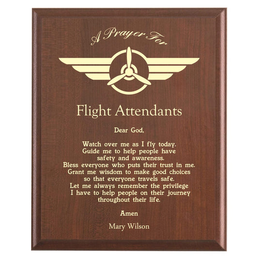 Plaque photo: Flight Attendant Prayer Plaque design with free personalization. Wood style finish with customized text.