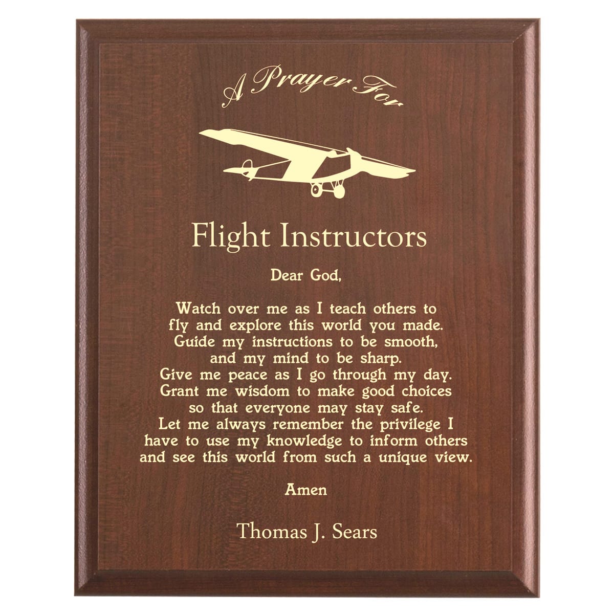 Plaque photo: Flight Instructor Prayer Plaque design with free personalization. Wood style finish with customized text.