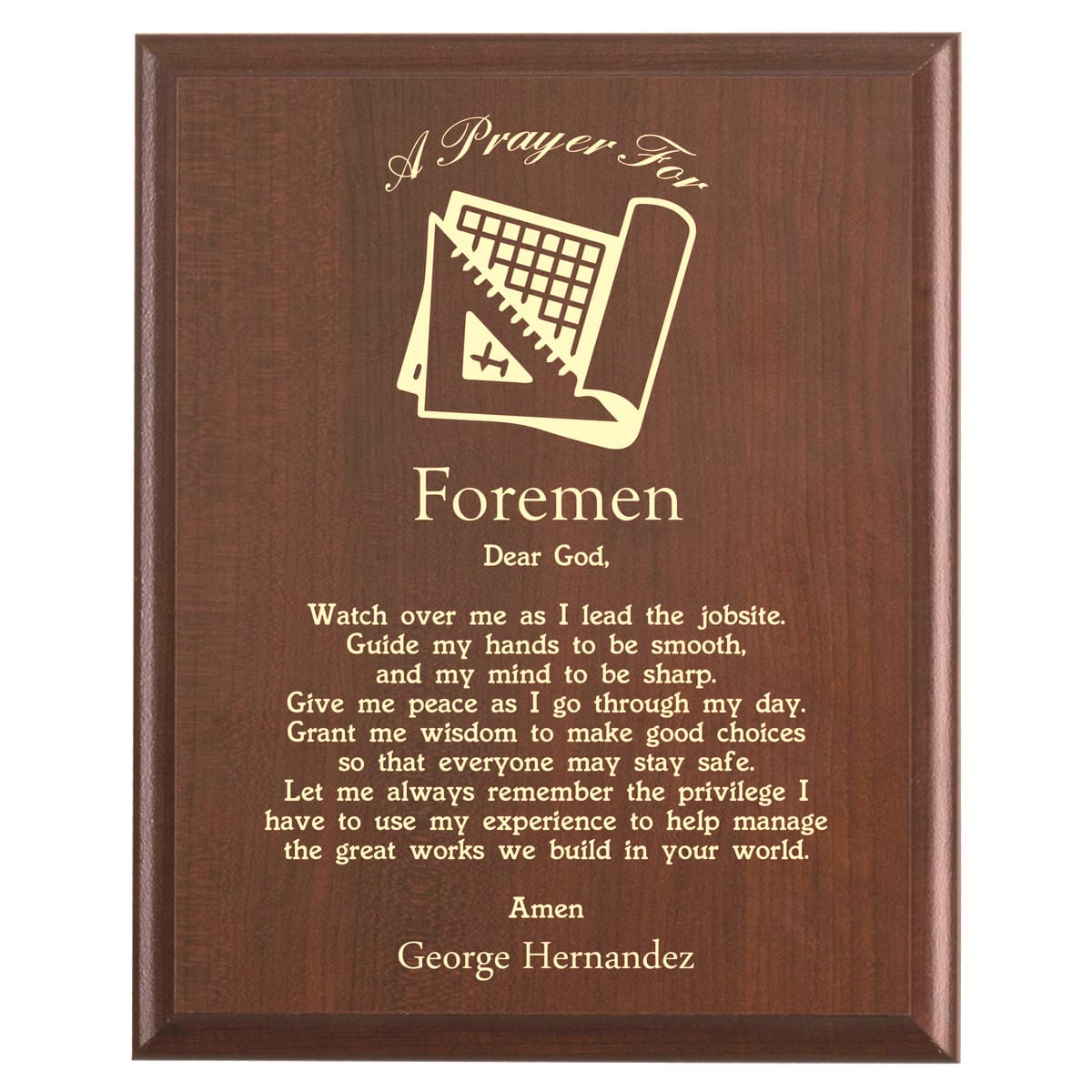 Plaque photo: Foreman Prayer Plaque design with free personalization. Wood style finish with customized text.