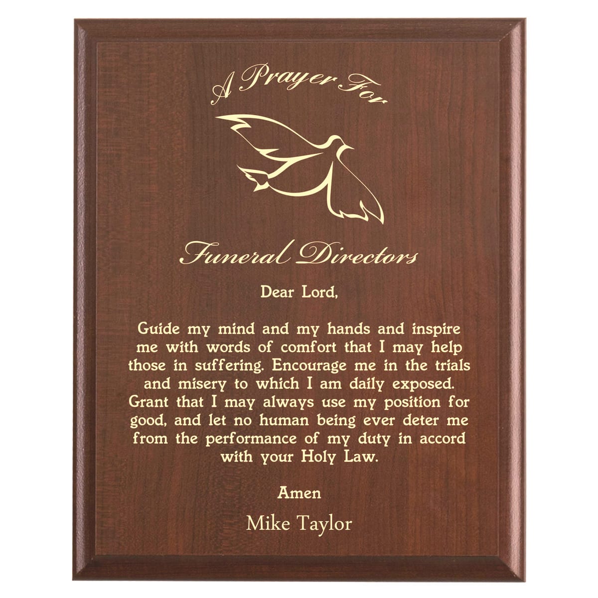 Plaque photo: Funeral Director Prayer Plaque design with free personalization. Wood style finish with customized text.