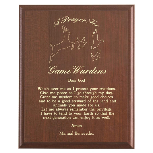 Plaque photo: Game Warden Prayer Plaque design with free personalization. Wood style finish with customized text.