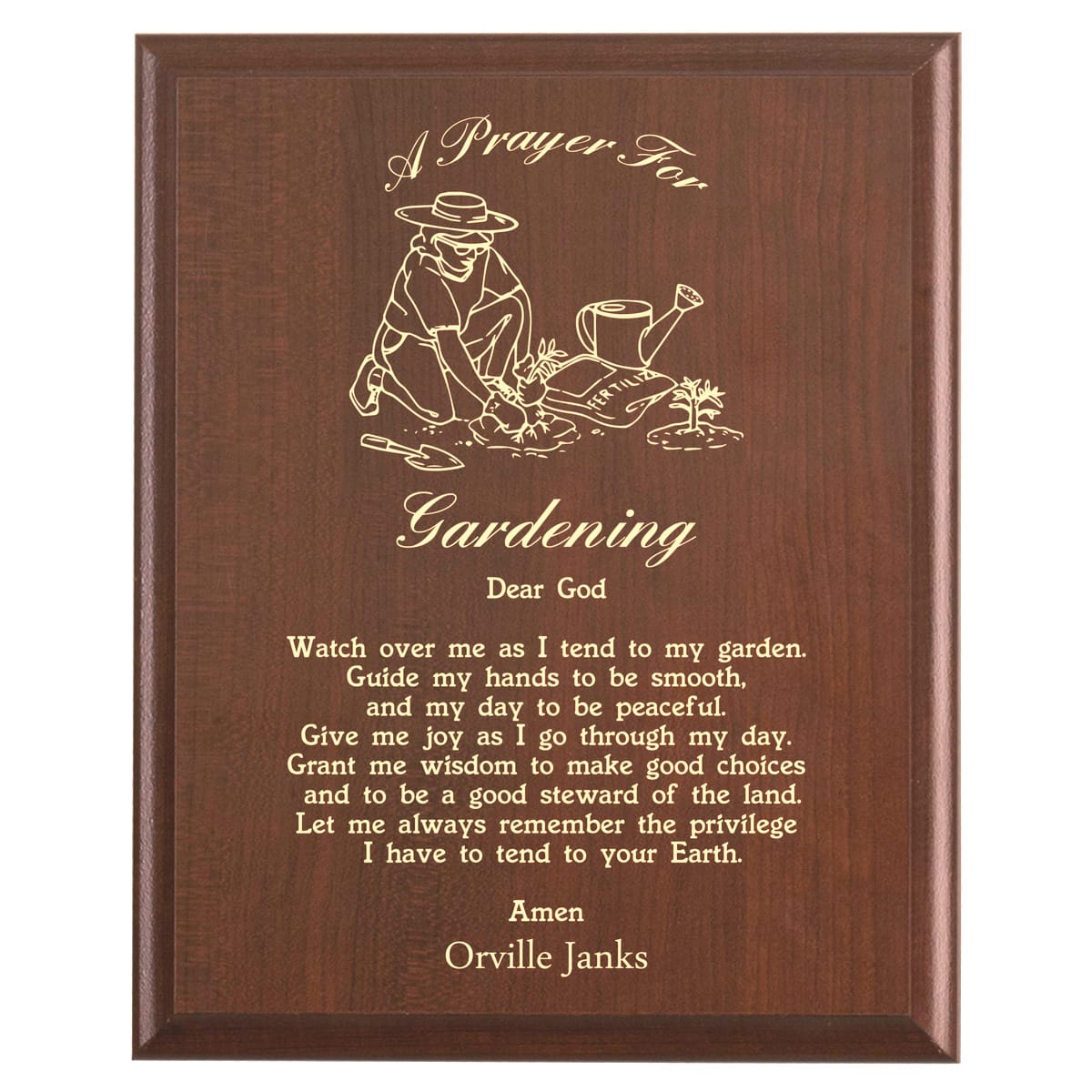 Plaque photo: Gardening Prayer Plaque design with free personalization. Wood style finish with customized text.