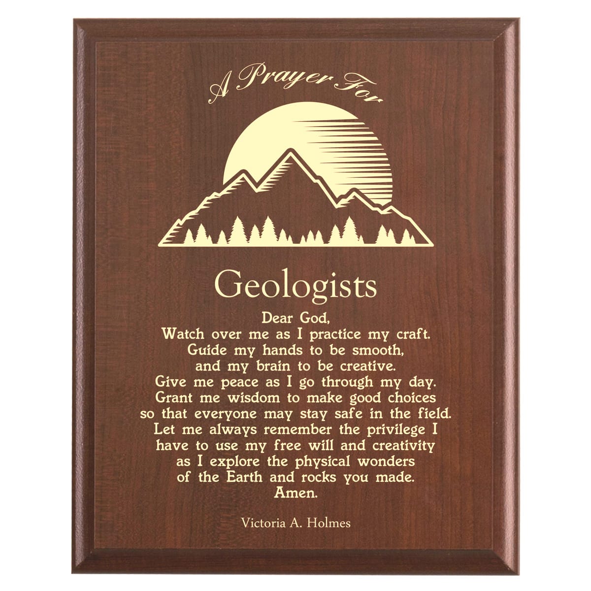 Plaque photo: Geologist Prayer Plaque design with free personalization. Wood style finish with customized text.