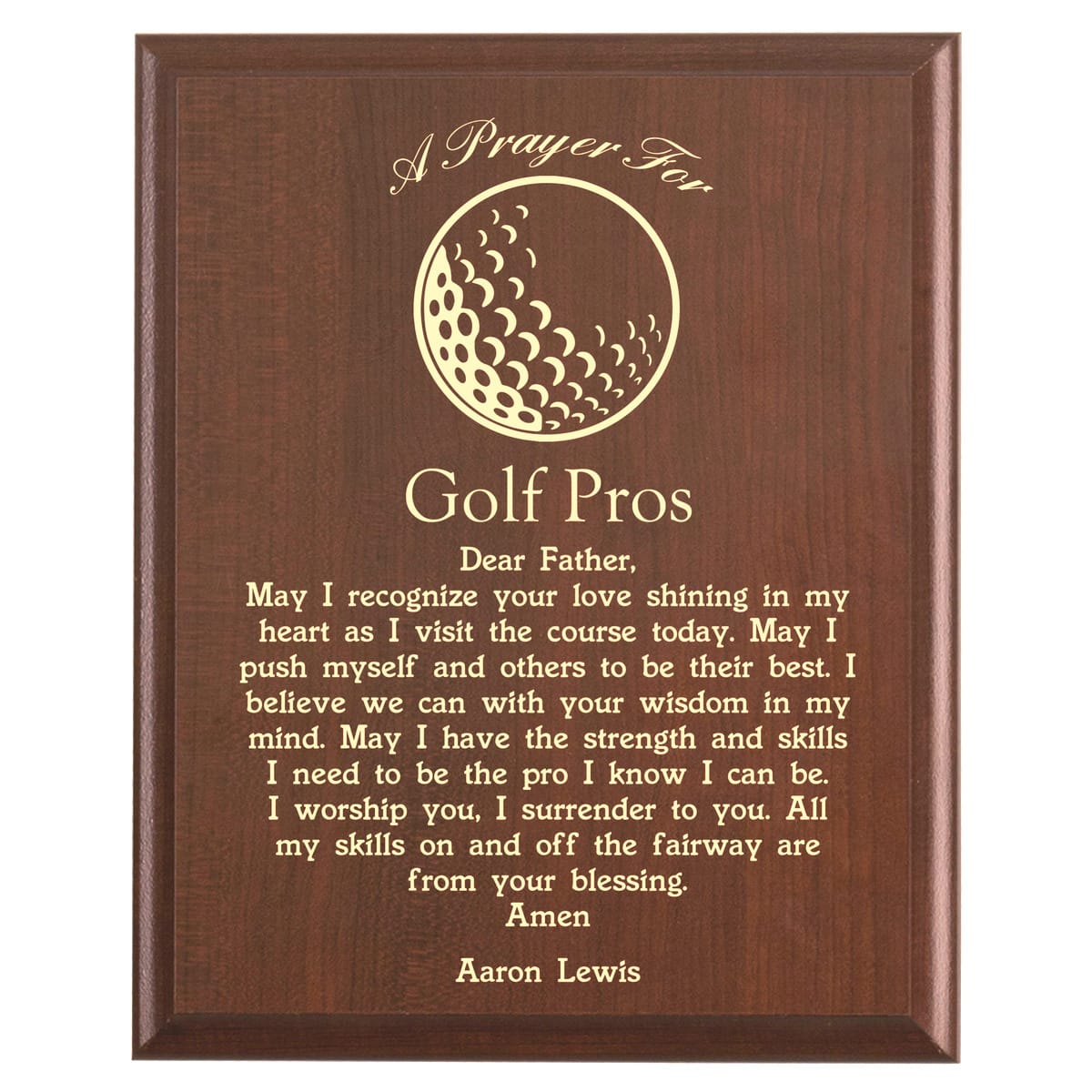 Plaque photo: Golf Pro Prayer Plaque design with free personalization. Wood style finish with customized text.