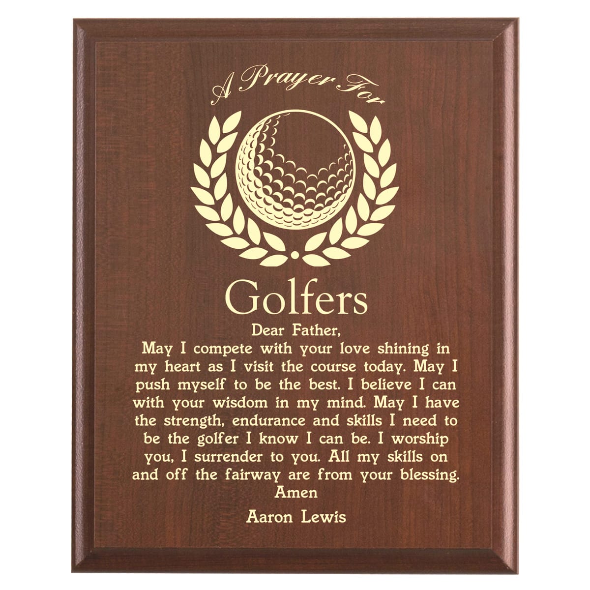 Plaque photo: Golfer Prayer Plaque design with free personalization. Wood style finish with customized text.