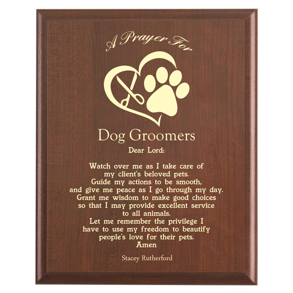 Plaque photo: Dog Groomer Prayer Plaque design with free personalization. Wood style finish with customized text.