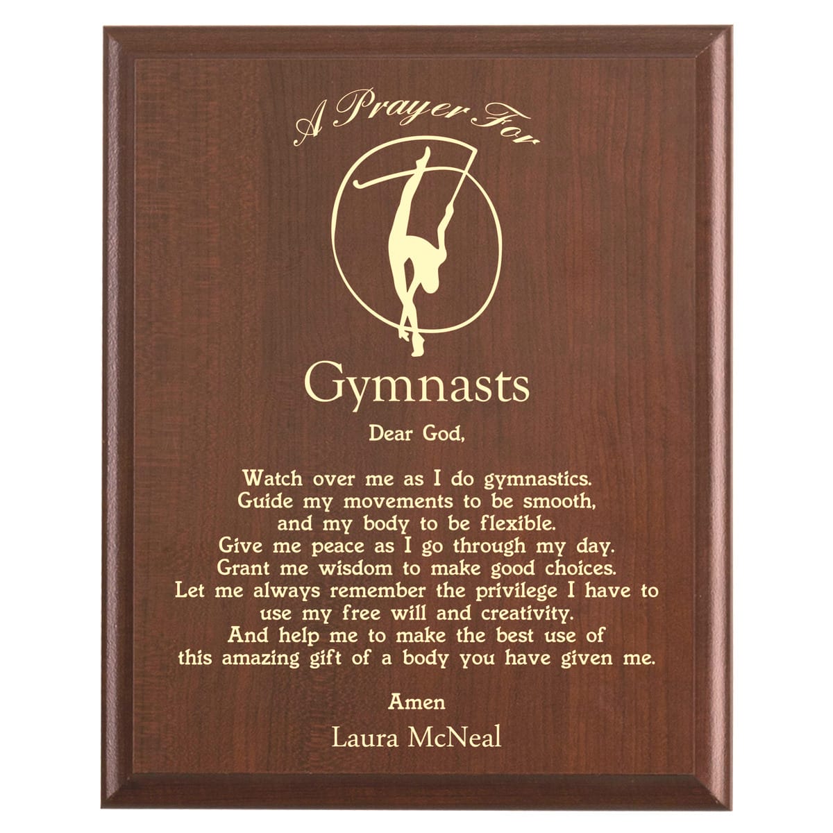 Plaque photo: Gymnast Prayer Plaque design with free personalization. Wood style finish with customized text.