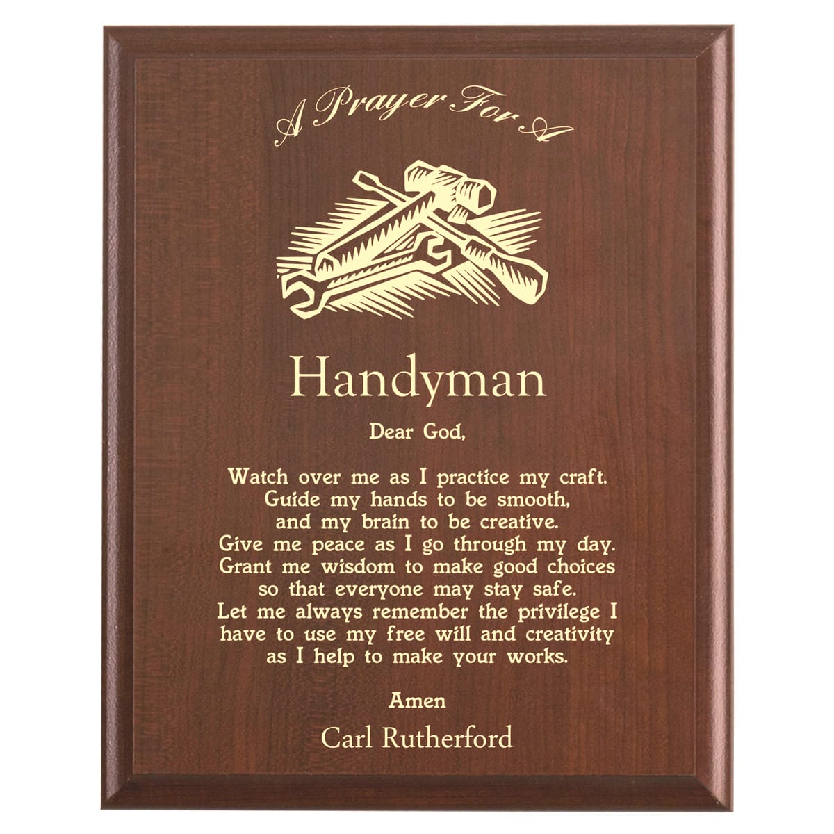 Plaque photo: Handyman Prayer Plaque design with free personalization. Wood style finish with customized text.