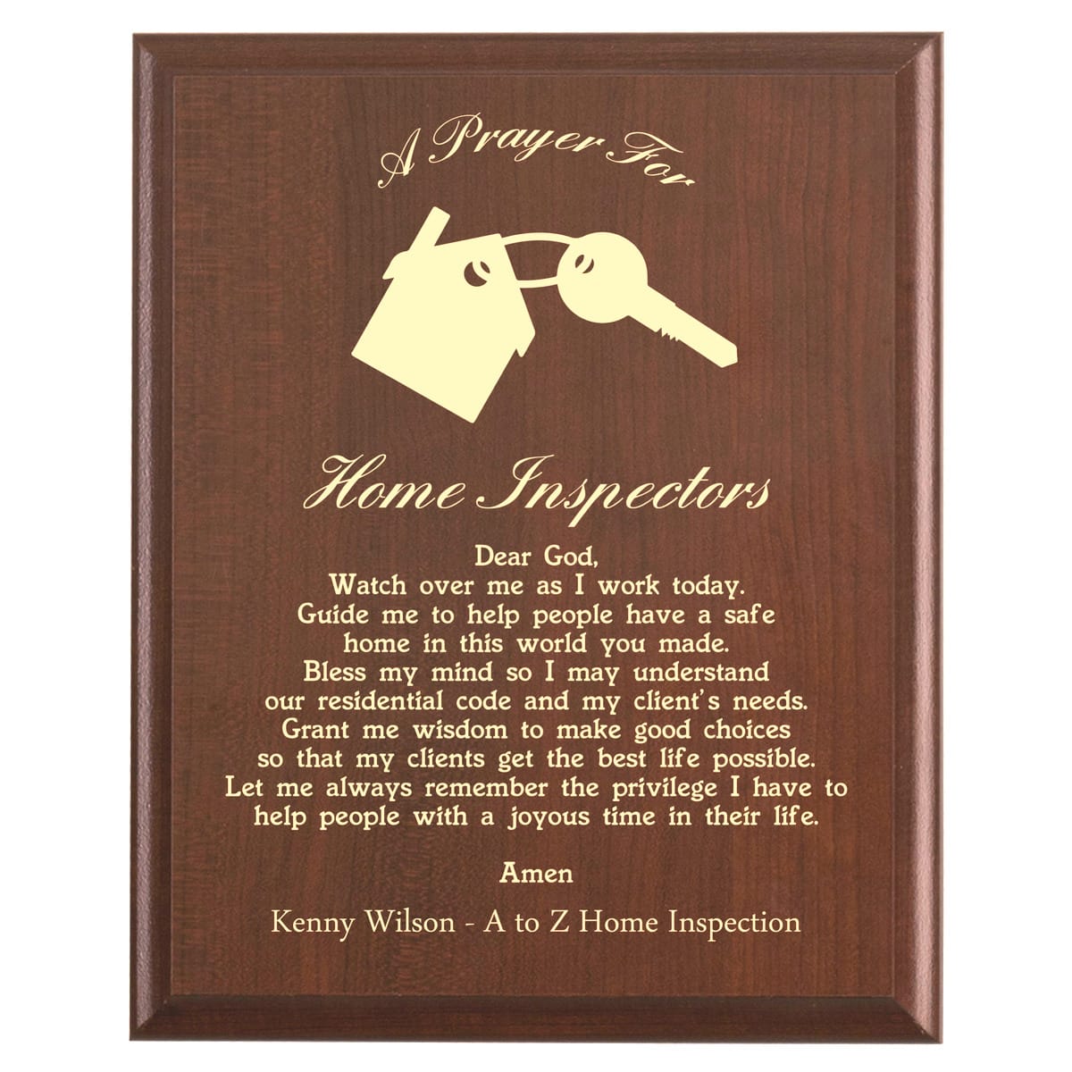 Plaque photo: Home Inspector Prayer Plaque design with free personalization. Wood style finish with customized text.