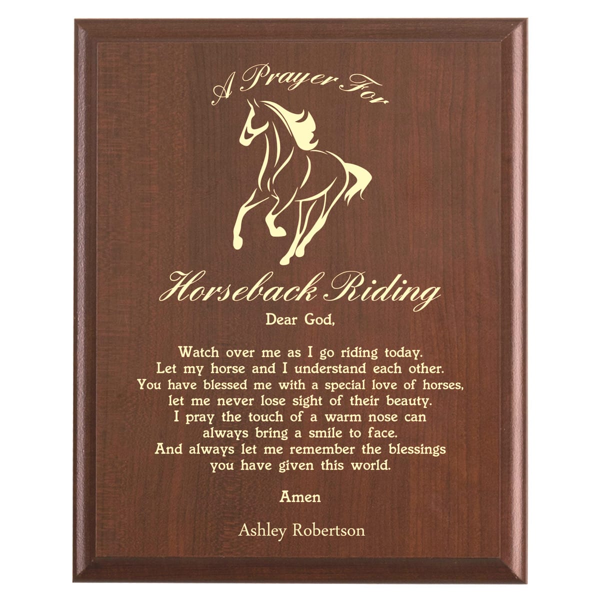 Plaque photo: Horseback Riding Prayer Plaque design with free personalization. Wood style finish with customized text.