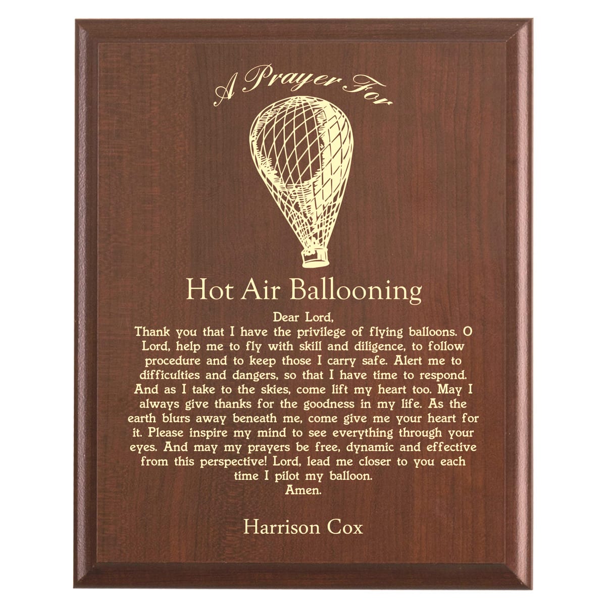 Plaque photo: Hot Air Balloon Prayer Plaque design with free personalization. Wood style finish with customized text.
