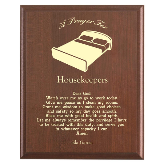 Plaque photo: Housekeeper Prayer Plaque design with free personalization. Wood style finish with customized text.