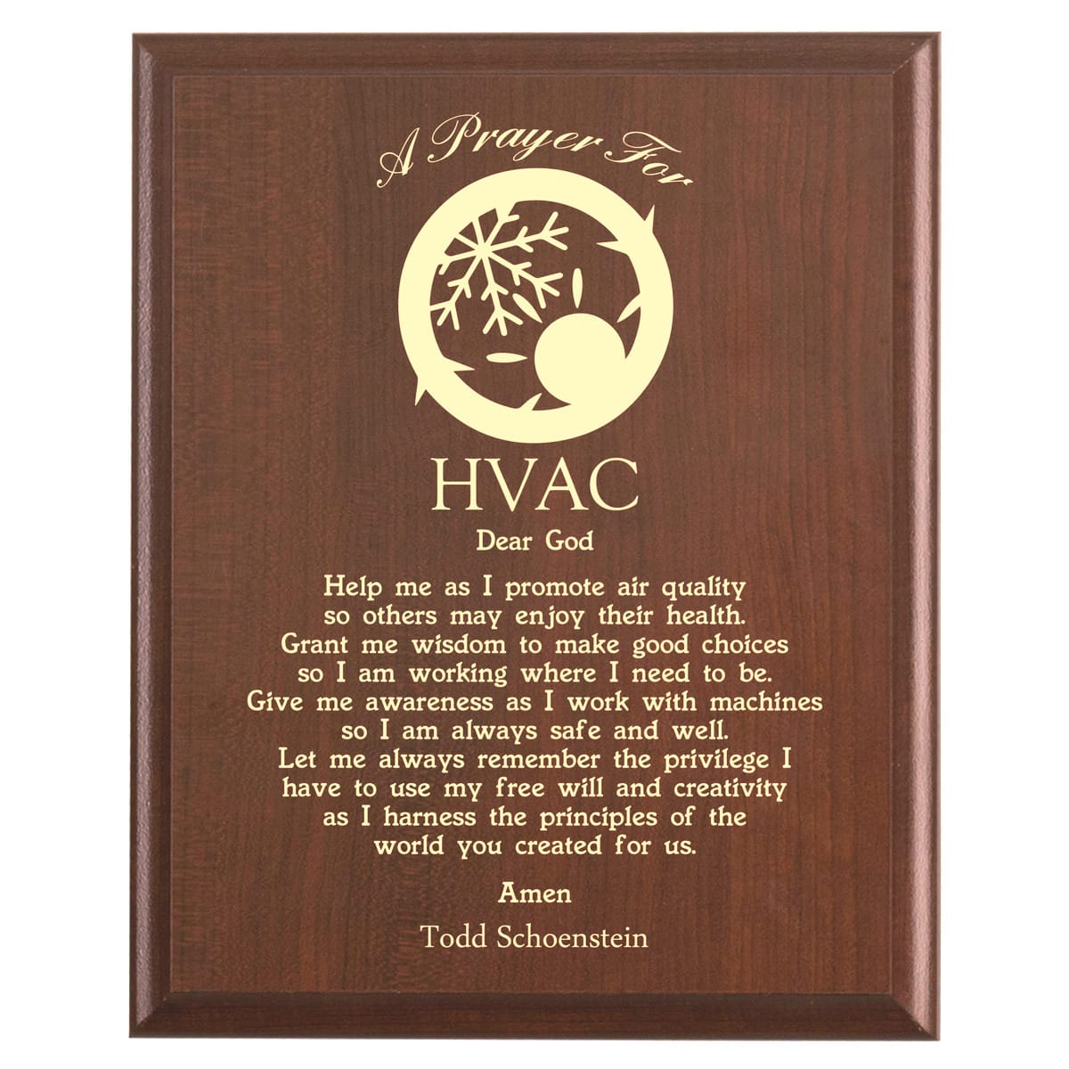 Plaque photo: HVAC Prayer Plaque design with free personalization. Wood style finish with customized text.