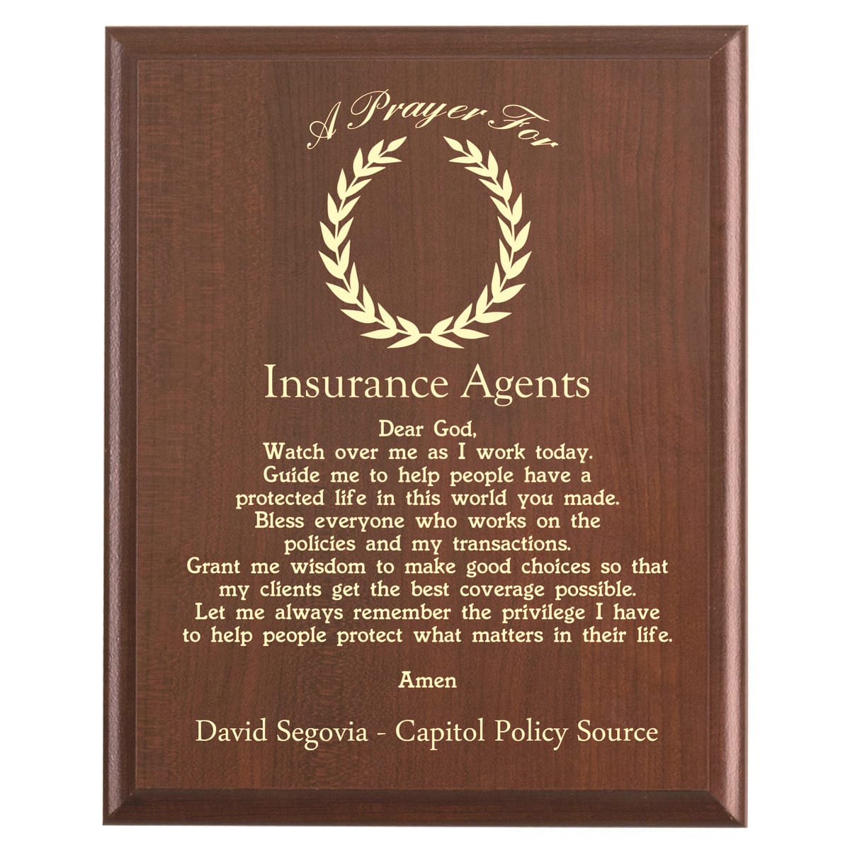 Plaque photo: Insurance Agent Prayer Plaque design with free personalization. Wood style finish with customized text.