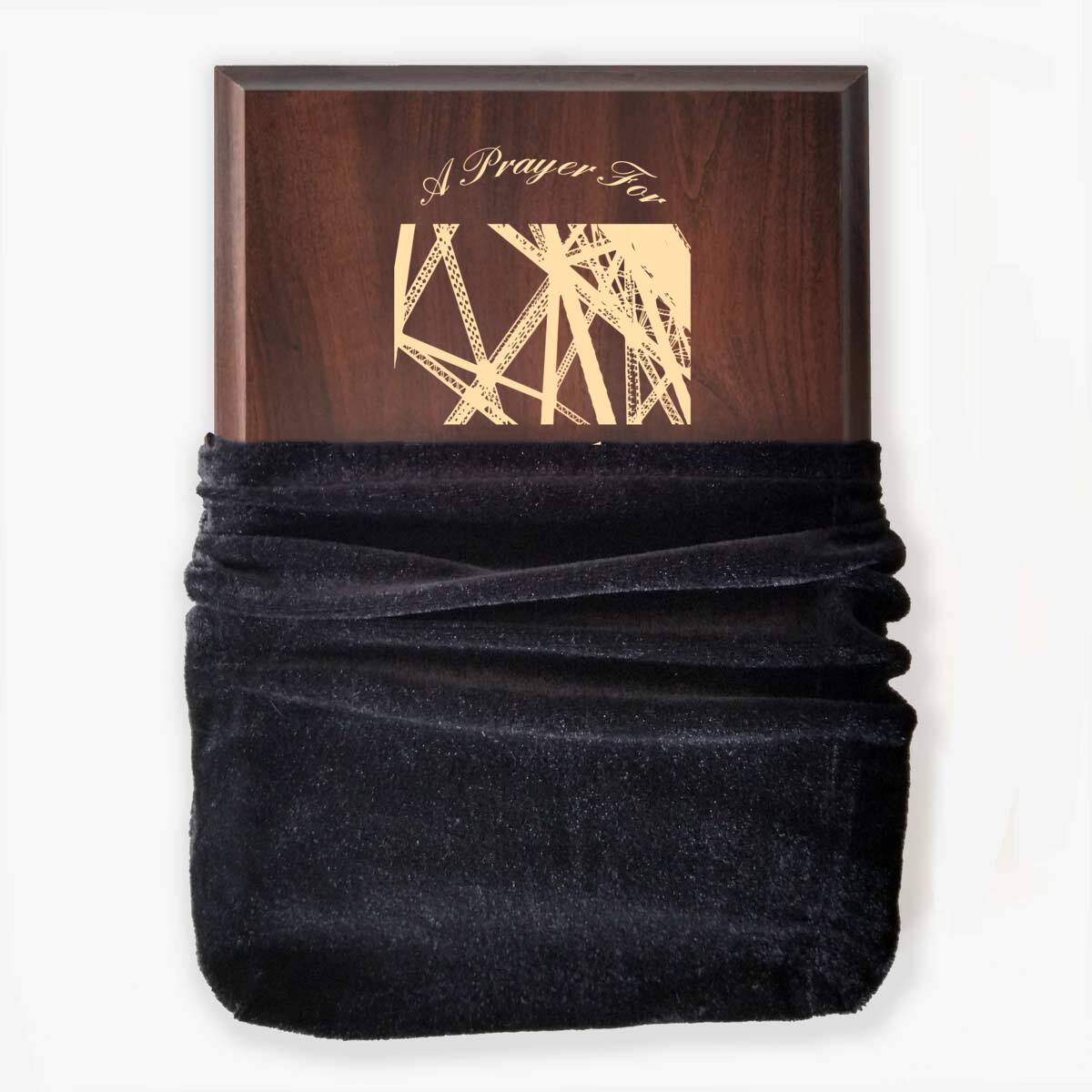 Photo of plaque inside the optional velvet gift bag, showing some of the printed design.