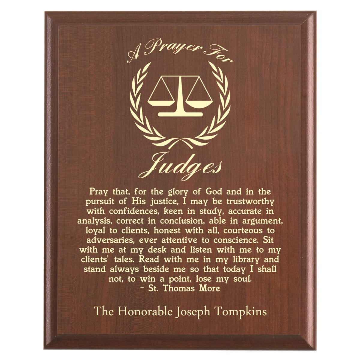 Plaque photo: Judge Prayer Plaque design with free personalization. Wood style finish with customized text.