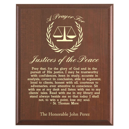 Plaque photo: Justice of the Peace Prayer Plaque design with free personalization. Wood style finish with customized text.