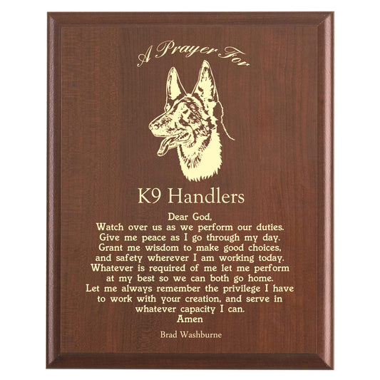 Plaque photo: K9 Handler Prayer Plaque design with free personalization. Wood style finish with customized text.