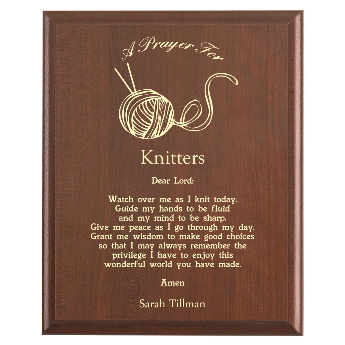 Plaque photo: Knitters Prayer Plaque design with free personalization. Wood style finish with customized text.
