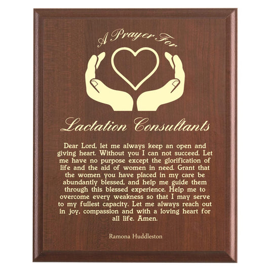 Plaque photo: Lactation Consultant Prayer Plaque design with free personalization. Wood style finish with customized text.