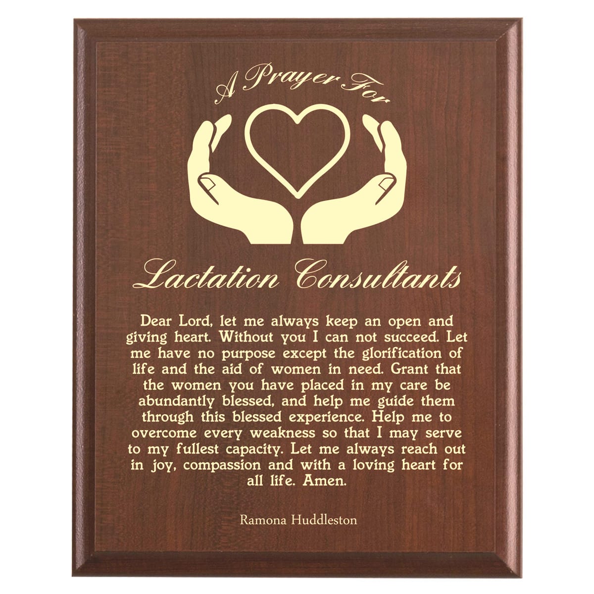 Plaque photo: Lactation Consultant Prayer Plaque design with free personalization. Wood style finish with customized text.