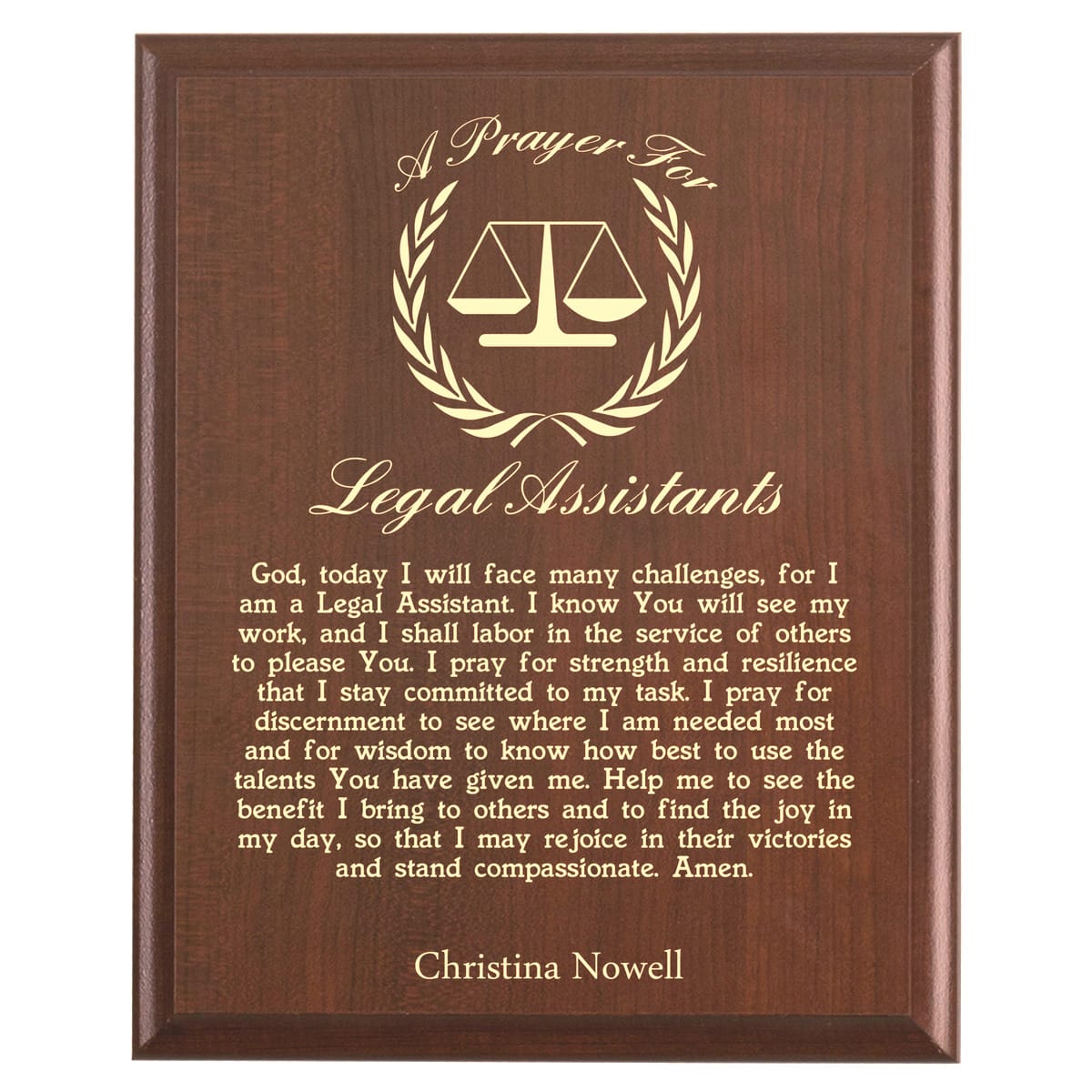 Plaque photo: Legal Assistant Prayer Plaque design with free personalization. Wood style finish with customized text.
