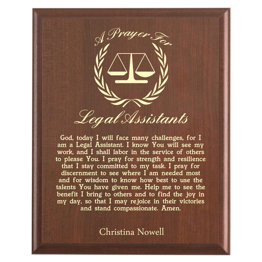 Plaque photo: Legal Assistant Prayer Plaque design with free personalization. Wood style finish with customized text.