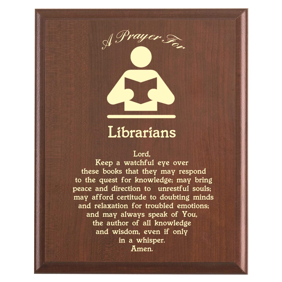 Plaque photo: Librarian Prayer Plaque design with free personalization. Wood style finish with customized text.