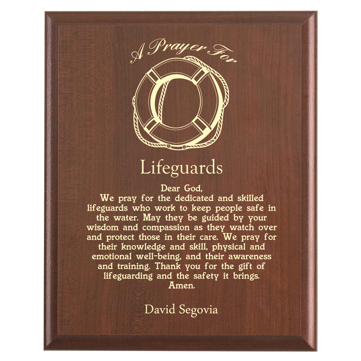 Plaque photo: Lifeguard Prayer Plaque design with free personalization. Wood style finish with customized text.