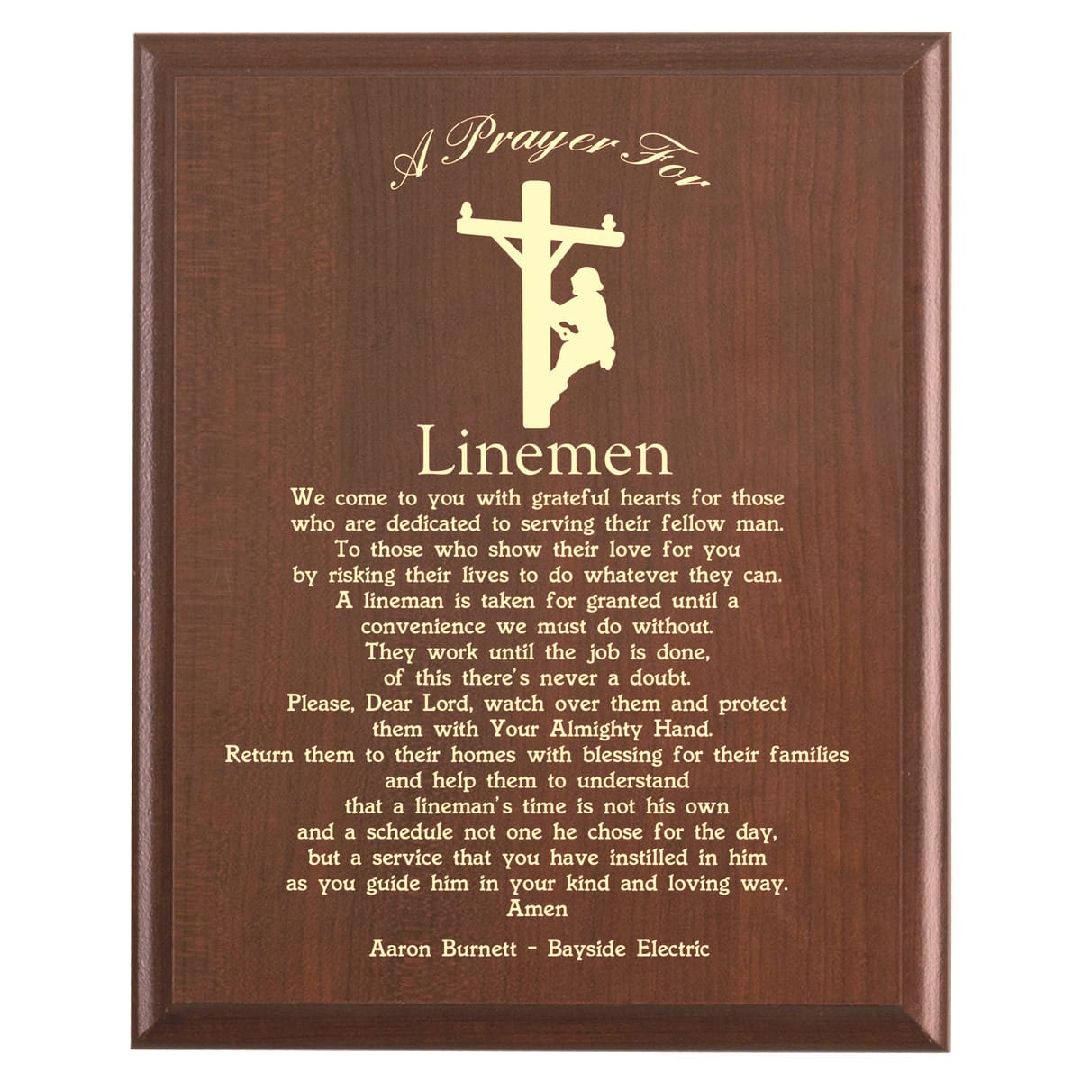 Plaque photo: Linemans Prayer Plaque design with free personalization. Wood style finish with customized text.