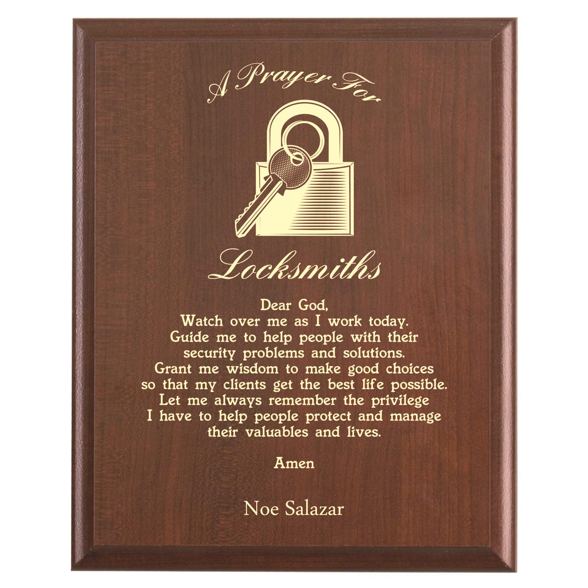 Plaque photo: Locksmith Prayer Plaque design with free personalization. Wood style finish with customized text.