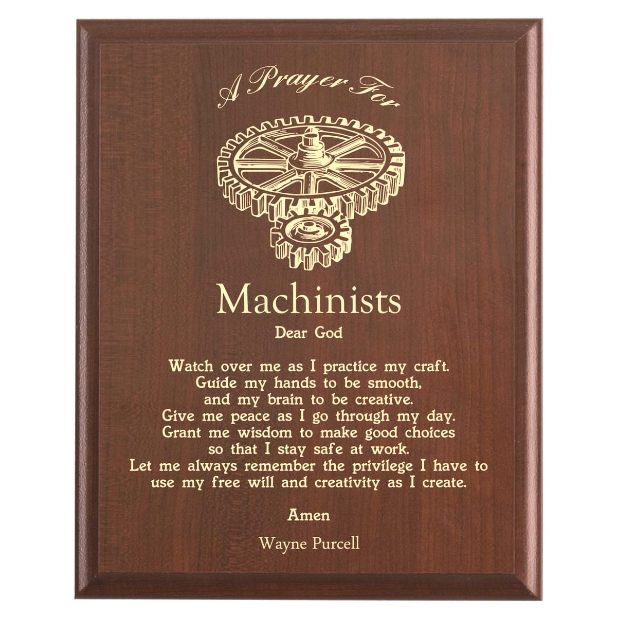 Plaque photo: Machinist  Prayer Plaque design with free personalization. Wood style finish with customized text.