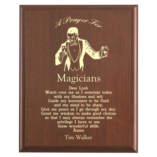 Plaque photo: Magician Prayer Plaque design with free personalization. Wood style finish with customized text.