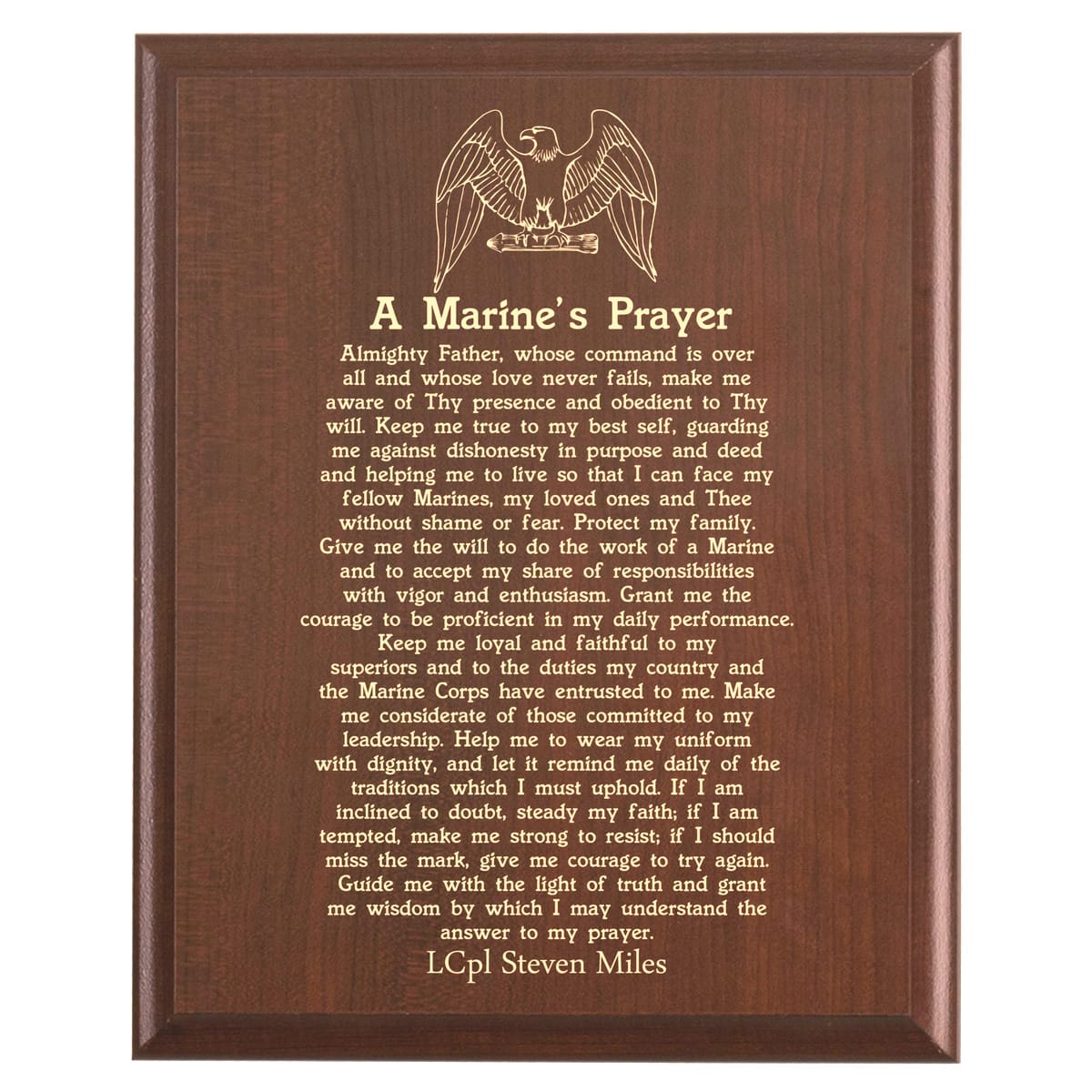 Plaque photo: Marine Corps Prayer Plaque design with free personalization. Wood style finish with customized text.