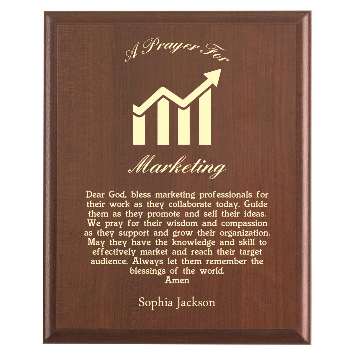 Plaque photo: Marketers Prayer Plaque design with free personalization. Wood style finish with customized text.