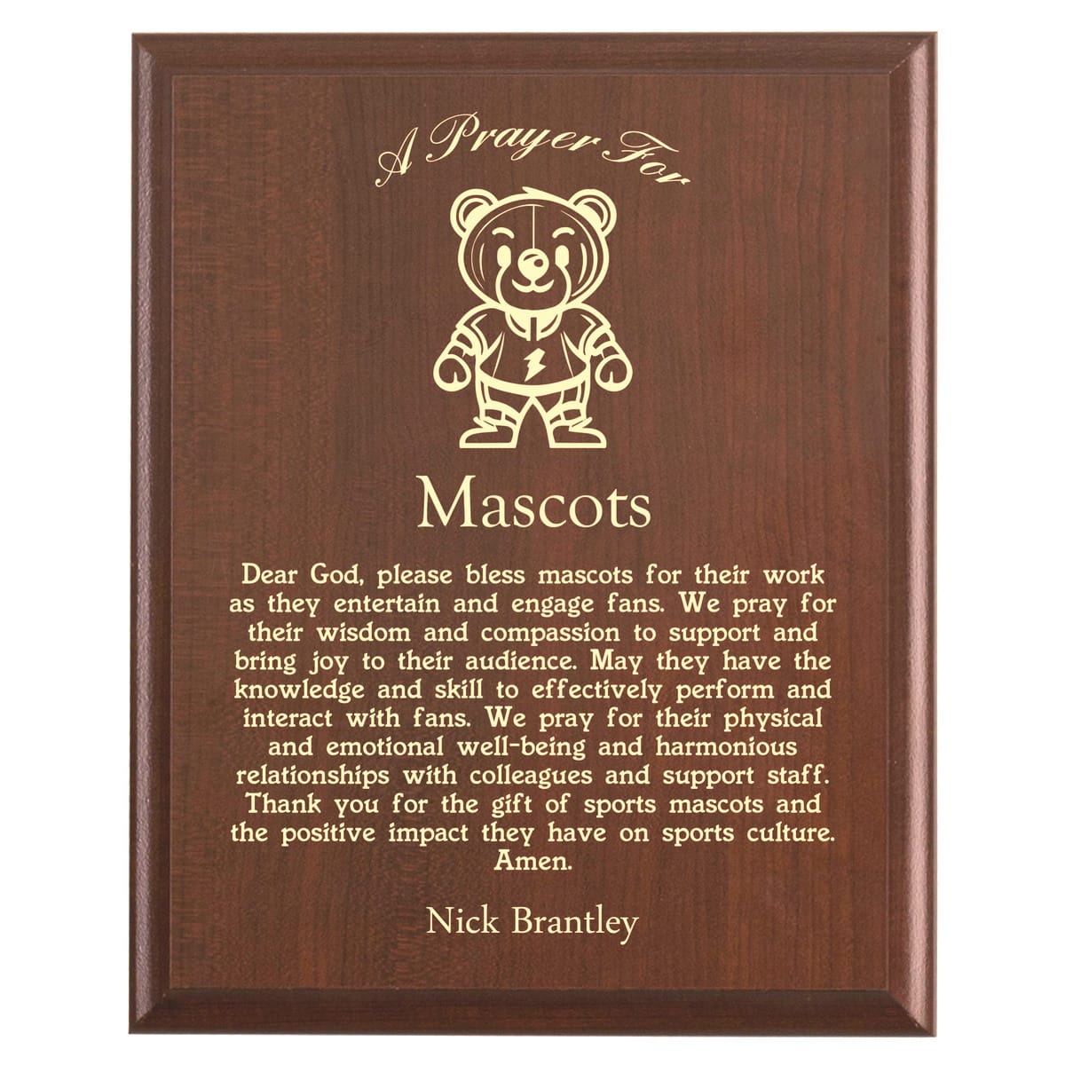 Plaque photo: Team Mascot Prayer Plaque design with free personalization. Wood style finish with customized text.