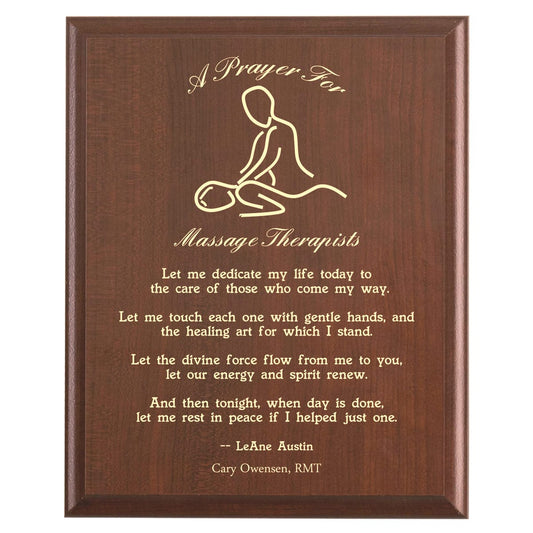 Plaque photo: Massage Therapist Prayer Plaque design with free personalization. Wood style finish with customized text.