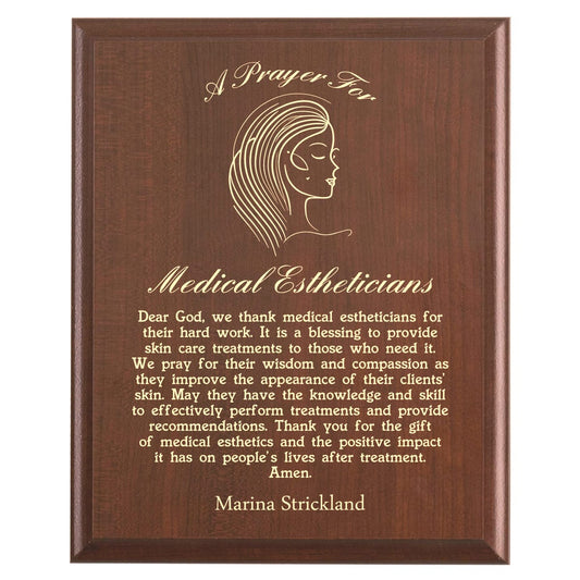 Plaque photo: Medical Esthetician Prayer Plaque design with free personalization. Wood style finish with customized text.