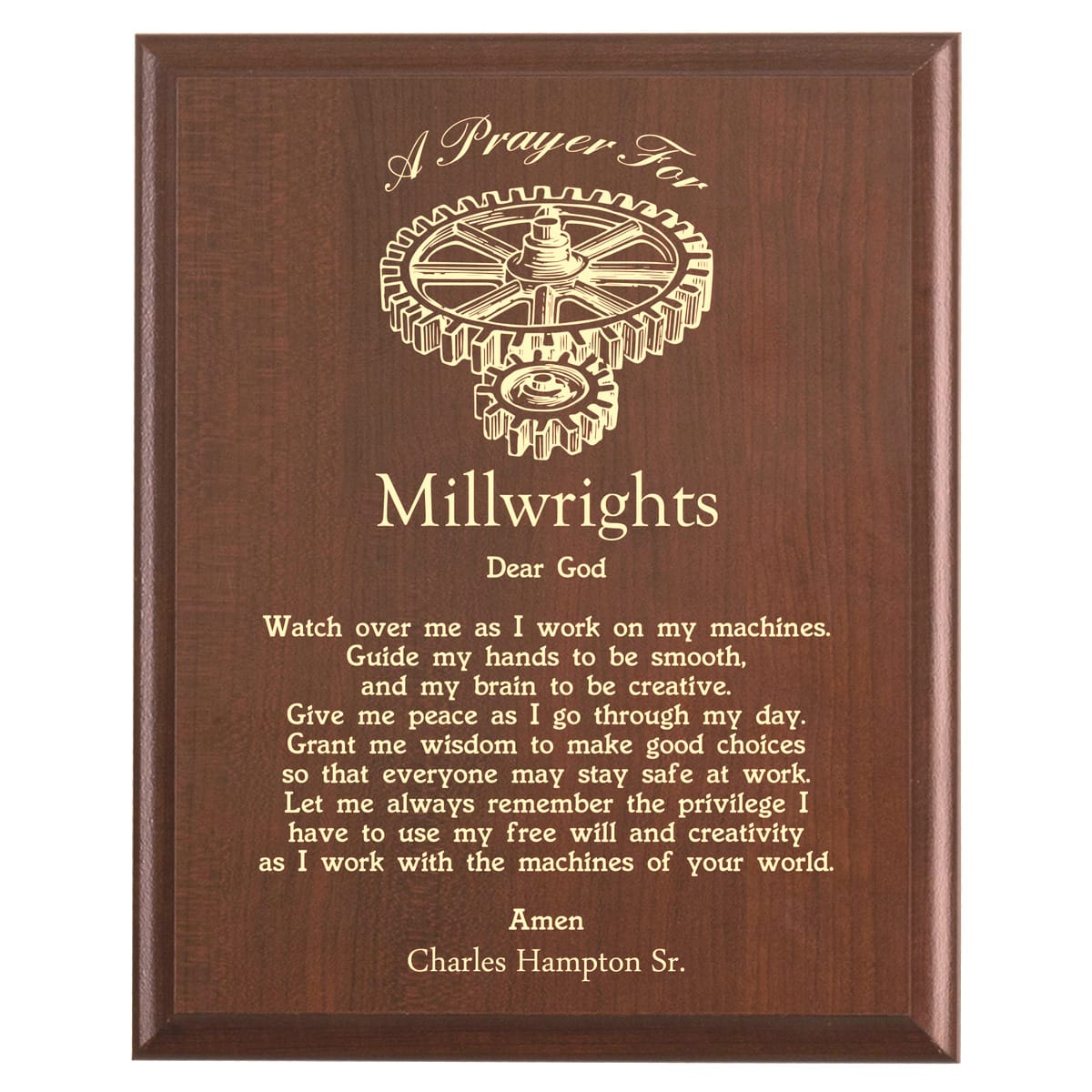Plaque photo: Millwright  Prayer Plaque design with free personalization. Wood style finish with customized text.